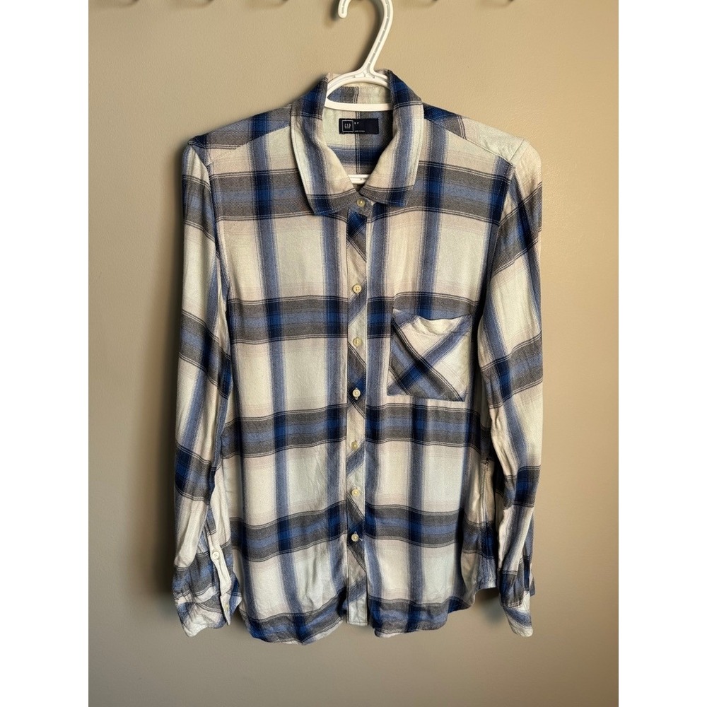 Gap Womens Blue Plaid LIghtweight Button Up Shirt S Casual Classic Soft Layering